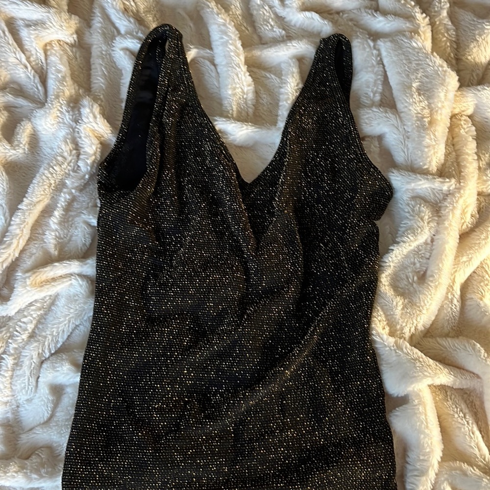 Black semi-sheer tank with gold detailing